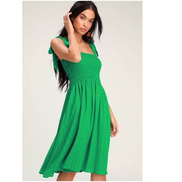LULUS Day in the Sun Green Print Smocked Midi Dress - Picture 1 of 12
